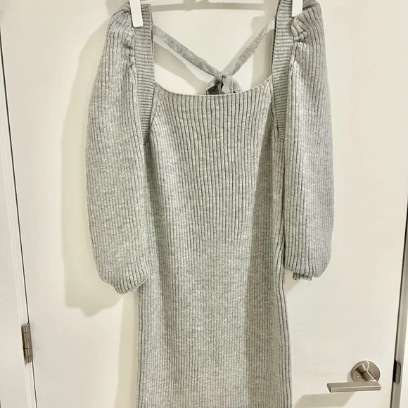 WAYF Square Neck Ribbed Knit Puff Sleeves Sweater Dress - Picture 7 of 11